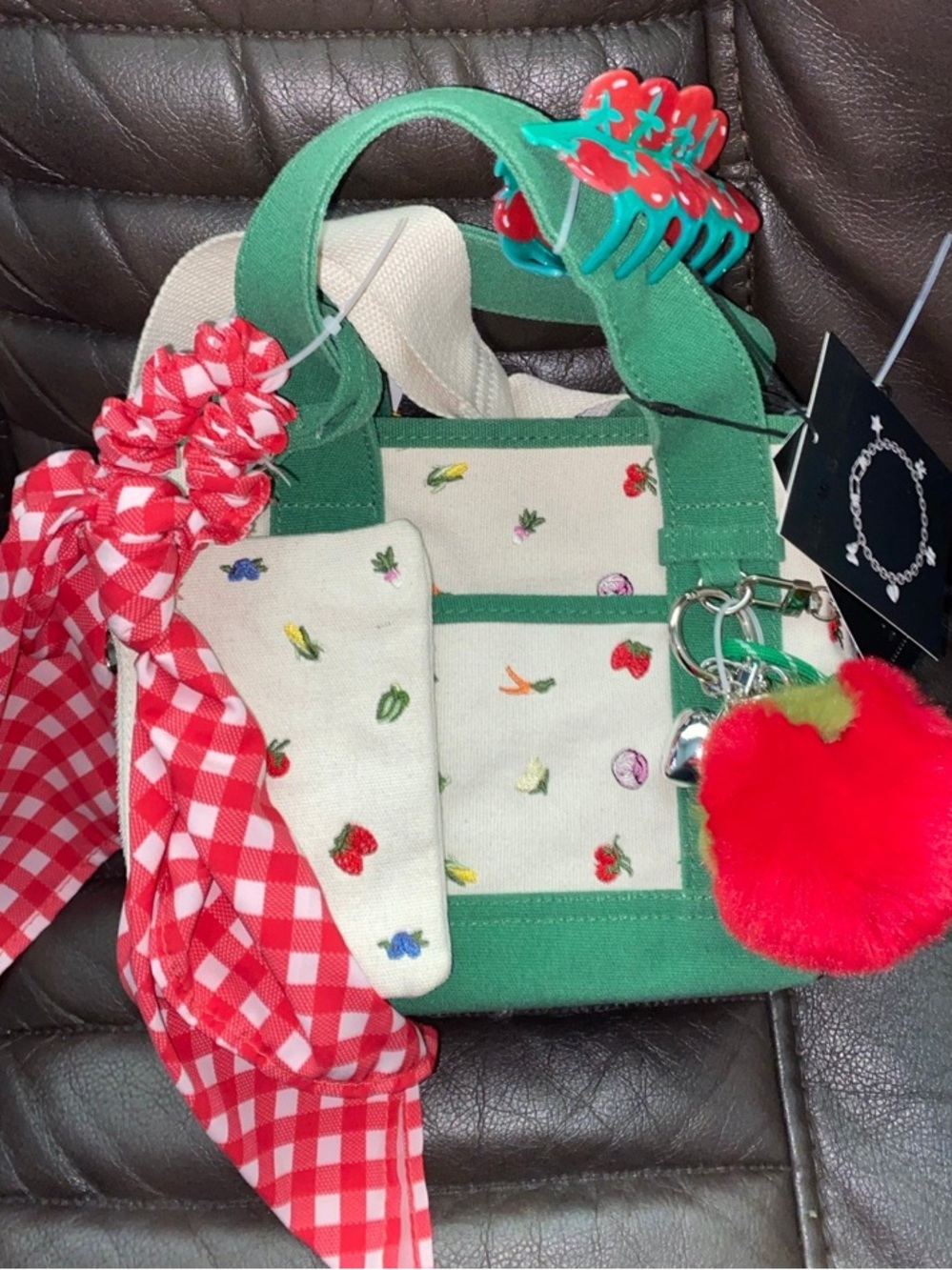 Madden Girl Green and Cream Tote with Red tomatoe Pom & Gingham Scarf scrunchie